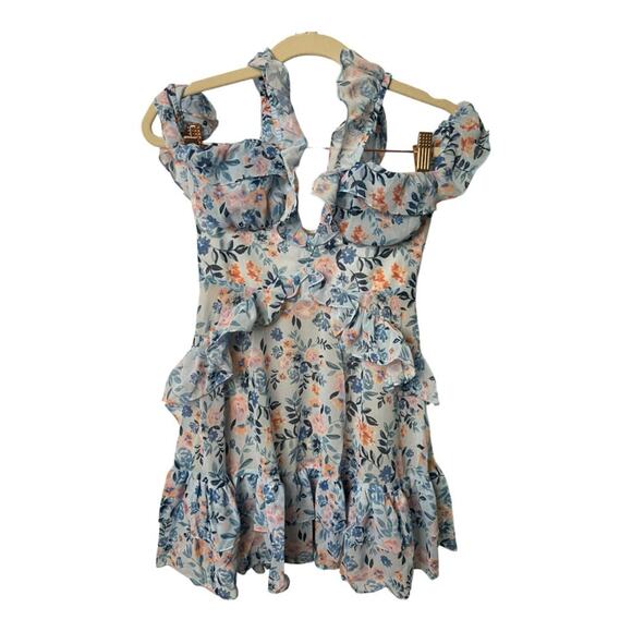 Lovers + Friends Jojo Mini Dress Ruffle Shoulder Cut Out Dainty Meadow Floral XS - Picture 4 of 11